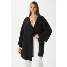 Kadın Sandra %100 Pamuk Müslin Bağcıklı Siyah Kimono