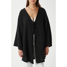 Kadın Sandra %100 Pamuk Müslin Bağcıklı Siyah Kimono