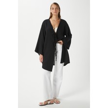 Kadın Sandra %100 Pamuk Müslin Bağcıklı Siyah Kimono