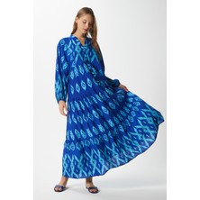 Modest Kadın Megan %100 Viskon Maksi Boy Mavi Katlı Balon Kol Uzun Yazlık Elbise