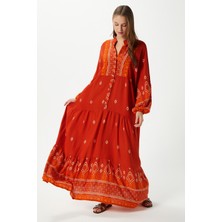 Modest Kadın Andrea Turuncu %100 Viskon Maksi Boy Yazlık Elbise