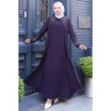 Boncuk ve Taşlı Büyük Beden Anne Elbisesi Mürdüm HM2769