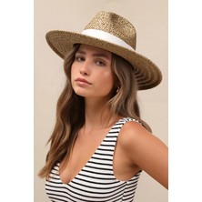 Örgü Dokulu Krem Şeritli Hasır Panama Şapka - Camel