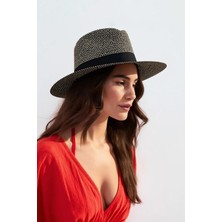 Kadın Simli Premium Hasır Fedora Şapka - Siyah