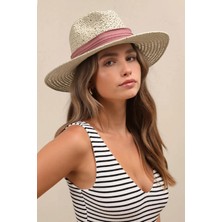 Örgü Dokulu Pembe Şeritli Hasır Panama Şapka - Krem