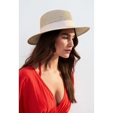 Kadın Simli Premium Hasır Fedora Şapka - Bej