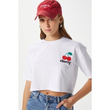 Kadın Cute Kiraz Baskılı Beyaz Crop T-Shirt