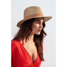 Kadın Simli Premium Hasır Fedora Şapka - Camel