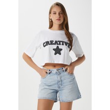 Ritnice Kadın Creative Antrasit Nakışlı Crop T-Shirt