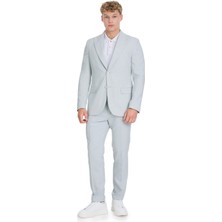 Mavi Slim Fit Sivri Yaka Keten Takım Elbise
