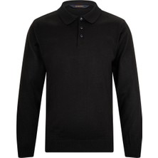 Siyah Regular Fit Polo Yaka Yünlü Kazak