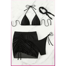 Siyah 4'lü Mayo , Bikini  Takımı Mini Etekli , ( Saç Bandajı Dahil )