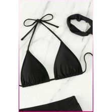 Siyah 4'lü Mayo , Bikini  Takımı Mini Etekli , ( Saç Bandajı Dahil )