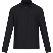 Siyah Comfort Fit 100% Pamuk Düğmeli Yaka Uzun Kollu Casual Gömlek