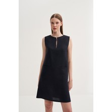 Agraflı Çift Cepli Keten Elbise