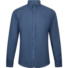 Lacivert Slim Fit Düğmeli Yaka Pamuklu Uzun Kollu Gömlek