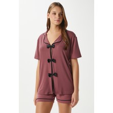 Kadın Violet Gülkurusu Şortlu Fiyonklu Alt Üst Pijama Takımı