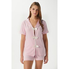 Kadın Violet Pembe Şortlu Fiyonklu Alt Üst Pijama Takımı