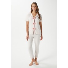 Kadın Julia Ekru Fiyonklu Alt Üst Pijama Takımı