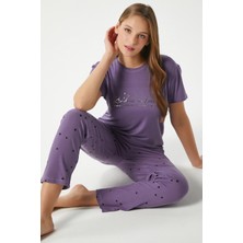 Kadın Kindness Yumuşak Doku Mürdüm Yıldız Desen Bisiklet Yaka Kısa Kollu Alt Üst Pijama Takımı