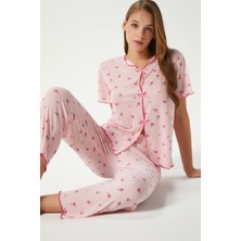 Kadın Juliet Kurdeleli Yumuşak Doku Pembe Çiçekli  Pijama Takımı