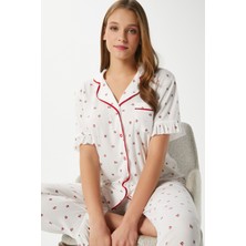 Kadın Fırfırlı Kiraz Ön Düğmeli Kısa Kol Alt Üst Pijama Takımı