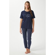 Kadın Always Viskon Bisiklet Yaka Kısa Kol Lacivert Alt Üst Pijama Takımı