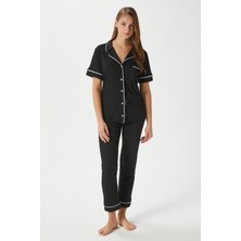 Kadın Vanessa Viskon Ön Düğmeli Kısa Kol Biyeli Siyah Alt Üst Pijama Takımı