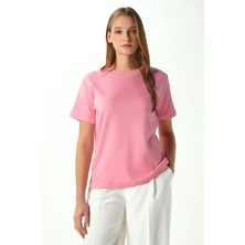 Kadın Rise Dekoratif Yaka Tok Doku %100 Pamuk Pembe T-Shirt