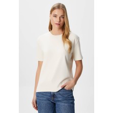 Kadın Rise Dekoratif Yaka Tok Doku %100 Pamuk Açık Bej T-Shirt