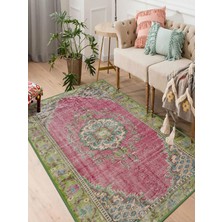 Vitage Yeşil Pempe Çiçek Desenli Eskitme Model Dokuma Taban Kilim