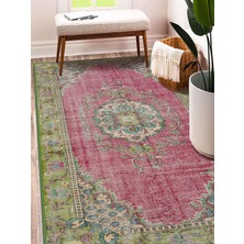 Vitage Yeşil Pempe Çiçek Desenli Eskitme Model Dokuma Taban Kilim