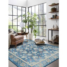 Vitage Mavi Klasik Desen Eskitme Model Dokuma Taban Kilim