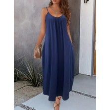 Aydoğan Ticaret44 Kadın Ip Askılı Geniş V Yakalı Cepli Viskon Elbise