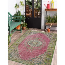 Vitage Yeşil Pempe Çiçek Desenli Eskitme Model Dokuma Taban Kilim