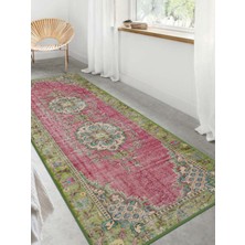 Vitage Yeşil Pempe Çiçek Desenli Eskitme Model Dokuma Taban Kilim