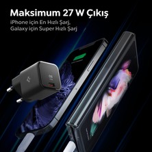 Spigen 27W USB-C Ultra Mini Hızlı Şarj Aleti Samsung PPS / Isı Düşürücü GaN Destekli Akım Korumalı Güç Adaptörü iPhone & Android & iPad & MacBook Type-C Black - ACH05607