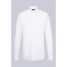 Beyaz Comfort Fit Düğmeli Yaka Uzun Kollu Pamuklu Gömlek