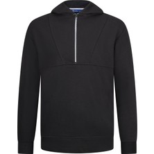 Siyah Regular Fit Fermuarlı Kapüşonlu Sweatshirt