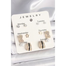 Pirinç Gold Renk Zirkon Taş Yıldız Detaylı Incili 7'li Set Kadın Küpe Seti