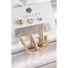 Pirinç Gold Renk Halka Model Zirkon Taş Topçuk Detay Kadın Küpe Seti