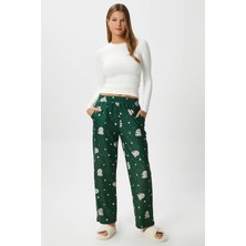 Ritnice Kadın Teddi Ultra Yumuşak Cepli Yeşil Ayıcık Desen Yılbaşı Pijama Altı