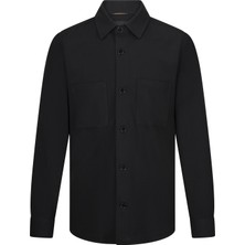 Siyah Comfort Fit Bebe Yaka Shacket Uzun Kollu Gömlek