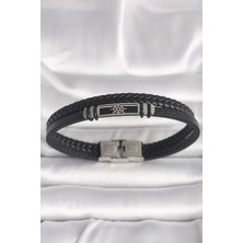 316L Çelik Gümüş Renk Gemi Dümeni Figür Siyah Burgu Deri Kordon Model Erkek Bileklik