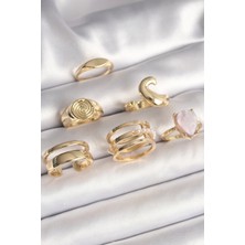Pirinç Gold Renk Pembe Damla Mineli Sarmal Işleme Detaylı 6'lı Kadın Yüzük Seti