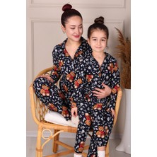 Ayıcık Desenli Süet Anne-Kız Pijama Takımı Lacivert