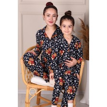 Ayıcık Desenli Süet Anne-Kız Pijama Takımı Lacivert