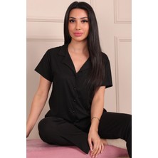 Düğmeli Kısa Kol Pijama Takım Siyah
