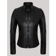 Deri Work Hakiki Kuzu Derisi Siyah Düz Çizgi Desenli Kolları Fermuarlı Yandan Cepli Kadın Deri Mont