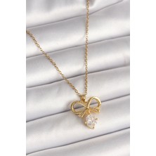 316L Çelik Gold Renk Zincir Zirkon Taşlı Kurdele Model Kadın Kolye